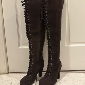 All Saints Brown Over the Knee Boots with Lace-Up Design and High Heel